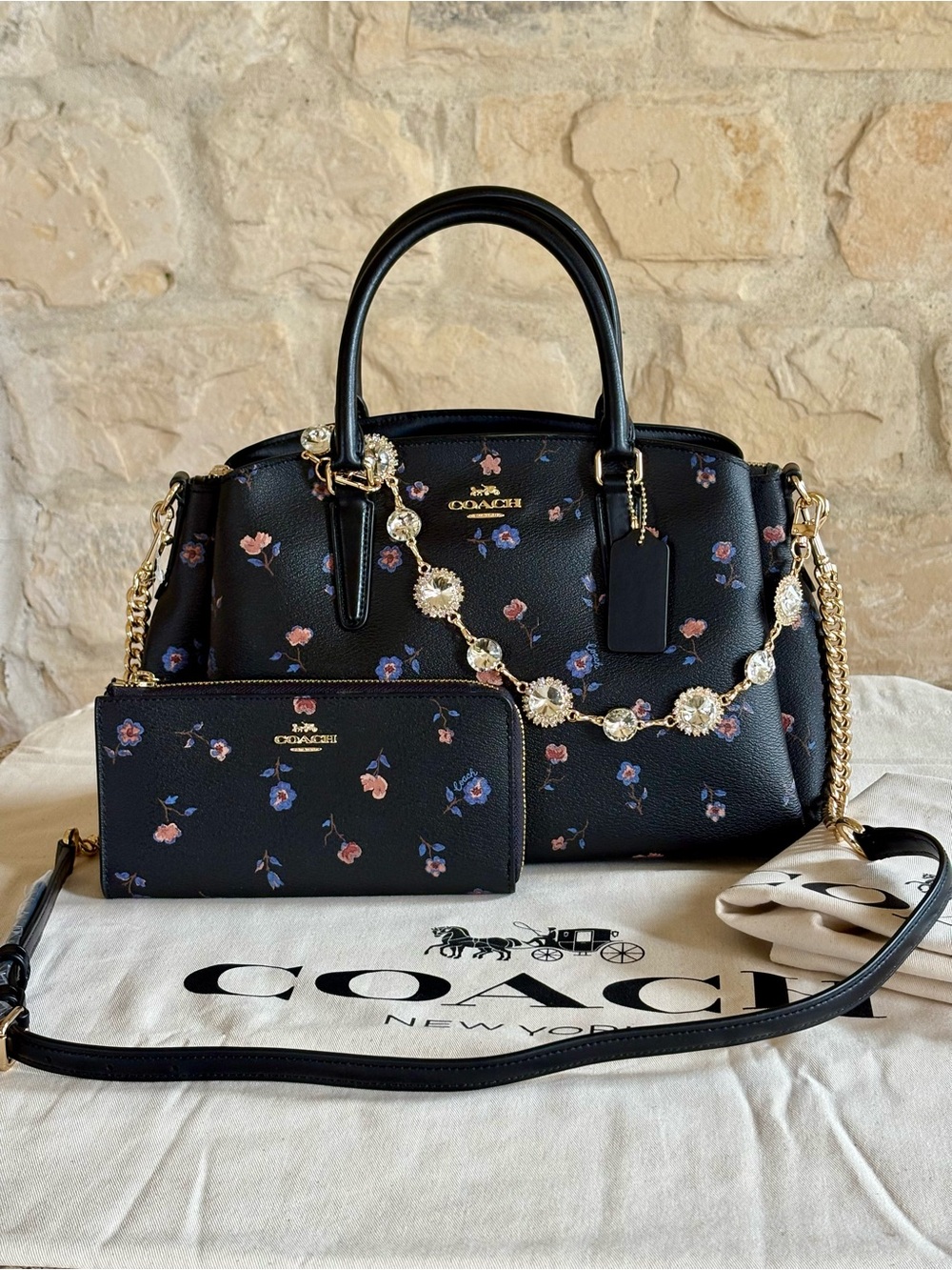 Coach Black Floral Satchel with Gold Chain and Matching Wallet